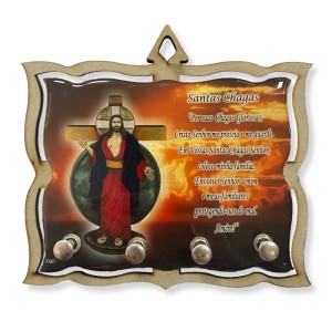 PC380673 - Porta Chaves Santas Chagas de Jesus MDF Resinado - 15,5x14cm